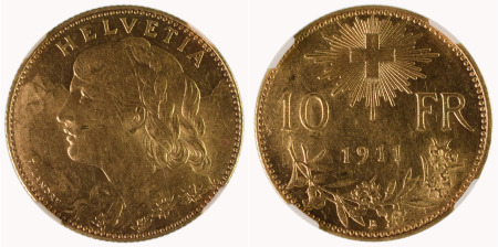 Switzerland 1911B Au 10 Francs, Helvetia