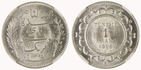 Tunisia AH1337 (1918A) Ag 1 Franc , Muhammad Al-Nasir Bey