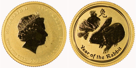 Australia 2011 Au 1/10 Ounce 10 Dollars, Year of the Rabbit, Lunar Series Commemorative