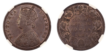 India (British) 1884B (Cu) 1/2 Rupee, Victoria, very rare "Off Metal Strike" NGC MS 62 Brown