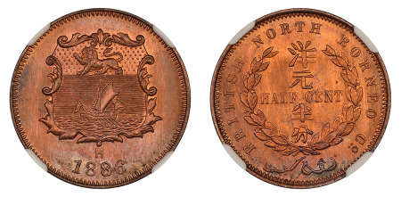 British North Borneo 1886 H  (Cu) 1/2 Cent, NGC Specimen 65 Red Brown
