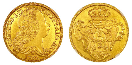 Brazil 1762 B (Au) 6,400 Reis; Jose I, NGC MS 61