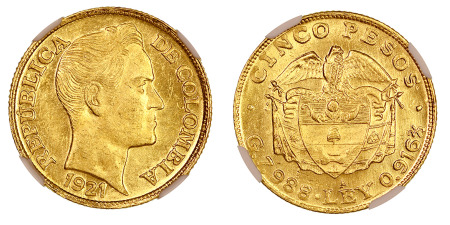 Colombia 1912 A (Au) 5 Pesos, NGC MS 64