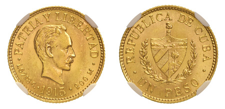 Cuba 1915 (Au) 1 Peso, NGC MS 65