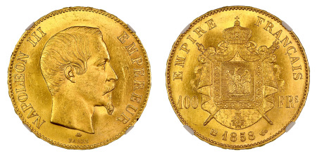 France 1858 BB (Au) 100 Francs, NGC MS 63+