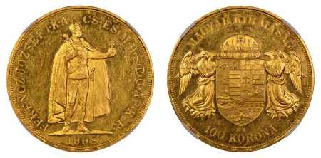 Hungary 1908 KB (Au) 100 Korona Orginal, Franz Joesph I, NGC MS 62