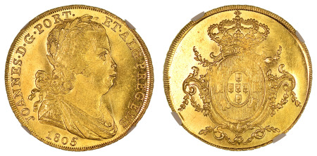 Portugal 1805 (Au) Peca (6,400 Reis), NGC MS 65