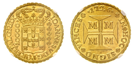 Brazil 1726 m (Au) 10,000 Reis, Joannes V, NGC MS 65