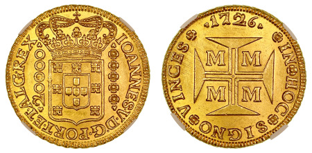 Brazil 1726 m (Au) 20,000 Reis, Joannes V, NGC MS 65