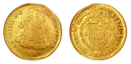 Chile 1807 So FJ (Au) 2 Escudos, Charles IV RARE, NGC AU 58
