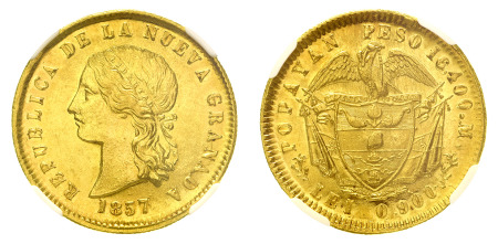 Colombia 1857 (Au) Popayan Mint, 10 Pesos, NGC MS 64