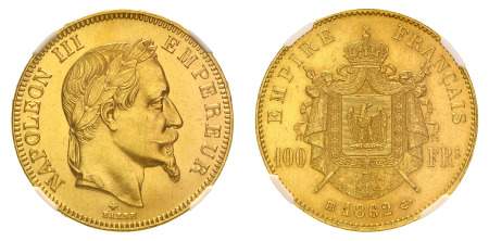 France 1862 BB (Au) 100 Francs, Napoleon III, NGC MS 64