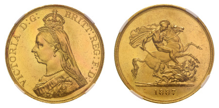 Great Britain 1887 (Au) 5 Pounds, Victoria, NGC MS 65