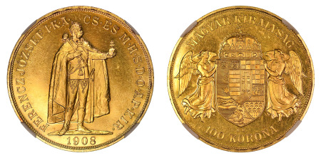 Hungary 1908 KB (Au) 100 Korona Original; Coronation Anniversary, NGC MS 64