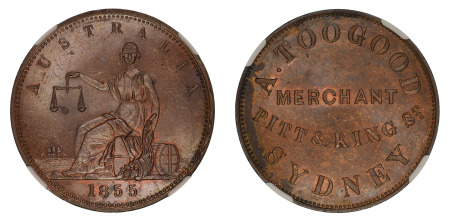 Australia 1855 (Cu) Penny Token, Sydney, NGC MS 63 Brown