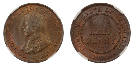 Australia 1912 H (Cu) 1/2 Penny, NGC MS 66 Brown
