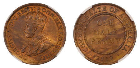 Australia 1919 (Cu) 1/2 Penny, NGC MS 63 Red Brown