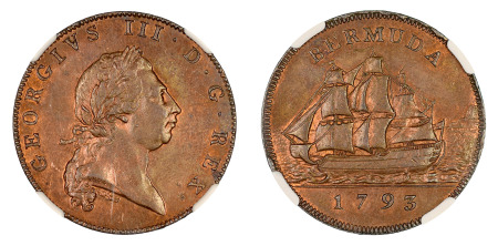 Bermuda 1793 (Cu) Penny George III, NGC MS 63 Red Brown