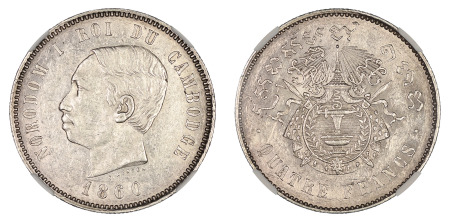 Cambodia 1860 (Ag) 4 Francs, Norodom I, NGC AU 58 