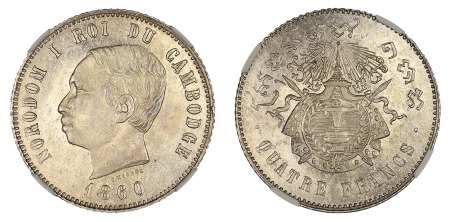 Cambodia 1860 (Ag) 4 Francs Restrike, Norodom I, NGC MS 64