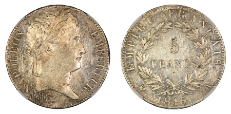 France 1815 A (Ag) 5 Francs, Napoleon 100 Days, NGC AU 53