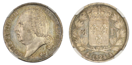 France 1824 A (Ag) 1 Franc, Louis XVIII, NGC MS 64+