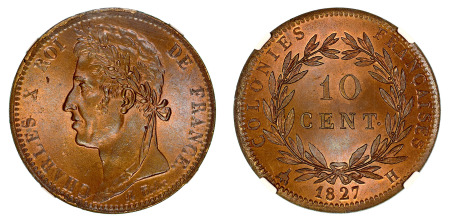 French Colonies 1827 H (Cu) 10 Centims, Charles X, NGC MS 66 Brown