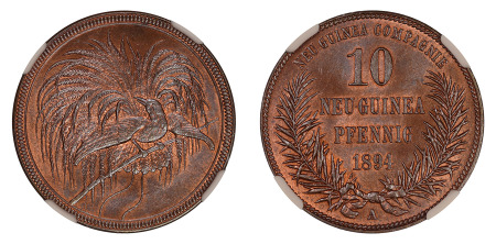 German New Guinea 1894 A (Cu) 10 Pfennig, NGC MS 65 Red Brown