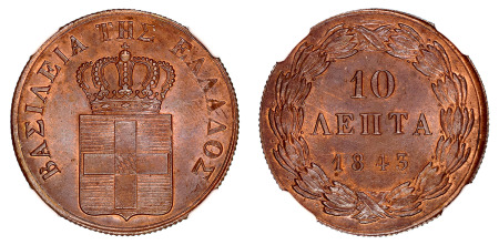 Greece 1843 (Cu) 10 Lepta, NGC MS 65 Red Brown