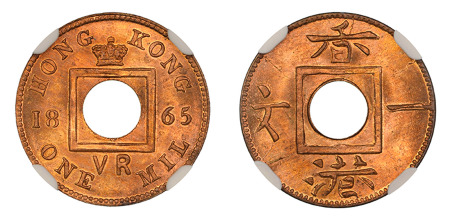 Hong Kong 1865 (Cu) 1 Mil,  No Hyphen NGC MS 67 + Red