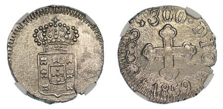 India Portuguese Dui 1859 (Ag) 300 Reis, NGC MS 64
