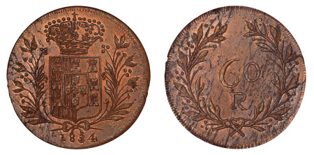 India 1834 Portuguese Goa (Cu) 60 Reis, Pattern, NGC MS 64 Brown