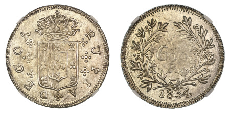 India 1834 Portuguese Goa (Cu) 600 Reis, Pattern, NGC MS 64