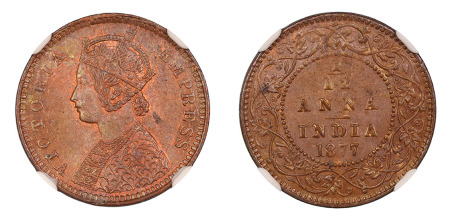 India 1877 (c) (Cu) 1/12 Anna , Victoria, NGC MS 64 Brown 