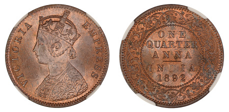 India 1892 (c) (Cu) 1/4 Anna, Victoria, NGC MS 65 Brown 