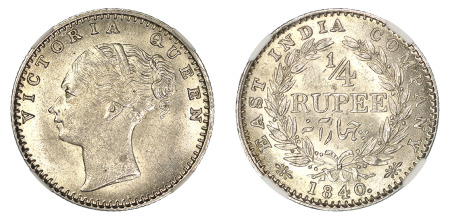 India 1840 (c) (Ag) 1/4 Rupee, Victoria, NGC MS 65 
