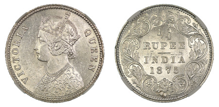 India 1875 (c) (Ag) 1/4 Rupee, Victoria, NGC MS 64