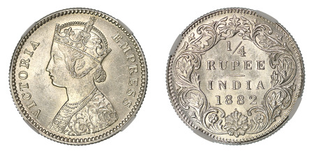 India 1882 (b) (Ag) 1/4 Rupee, Type B/1, Victoria , NGC MS 63