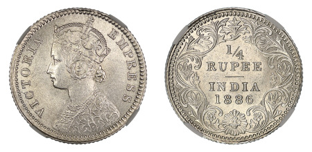 India 1886 (c) (Ag) 1/4 Rupee, Victoria, NGC MS 64