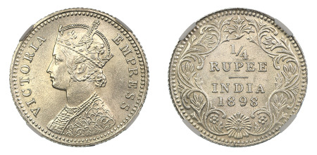 India 1898 (c) (Ag) 1/4 Rupee, Victoria, NGC MS 64