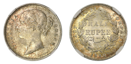 India 1840 (B&C) (Ag) 1/2 Rupee, Victoria, NGC MS 64