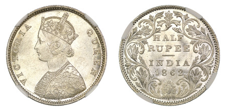 India 1862 (B&M) (Ag) 1/2 Rupee, Victoria, NGC MS 64+