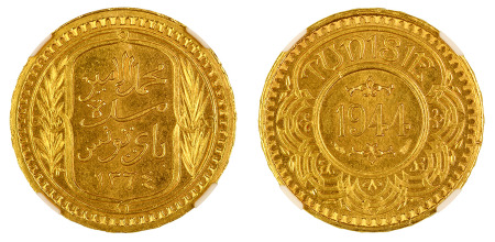 Tunisia AH 1364 - 1944 (Au) 100 Francs, NGC MS 63
