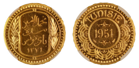Tunisia AH 1371 - 1951(Au) 100 Francs, NGC MS 67
