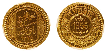 Tunisia AH 1375 - 1955 (Au) 100 Francs, NGC MS 65