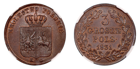 Poland 1831 KG (Cu) 3 Grosze (NGC MS 66 BN) 