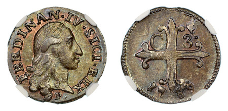 Italy 1789 P (Cu) Naples & Sicily, 3 Cavalli, NGC MS 66 Brown
