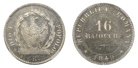 Italy 1849 R (Ag) Roman Republic, 16 Baiocchi, NGC MS 65 