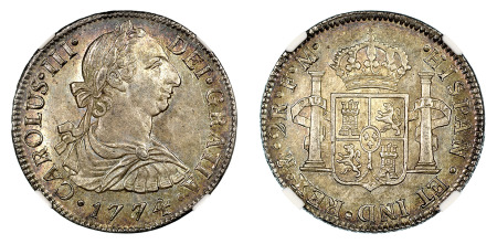 Mexico 1774 Mo FM (Ag) 2 Reales, Carolus III, NGC MS 65