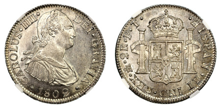 Mexico 1802 Mo FT (Ag) 2 Reales, Carolus IV, NGC MS 65